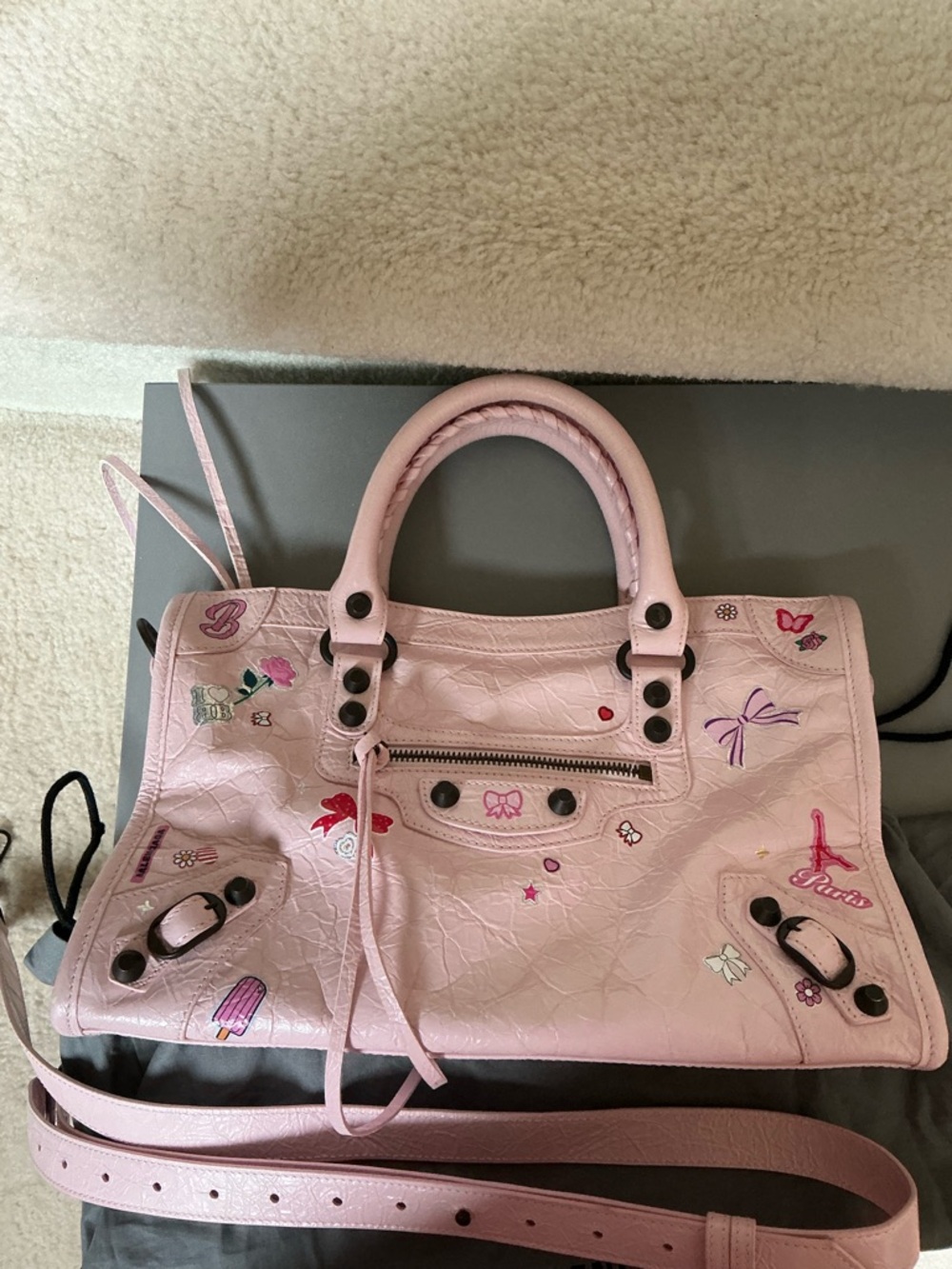 GORGEOUS BALENCIAGA LE CITY SMALL PINK STICKERS SATCHEL CROSSBODY BAG - Picture 13 of 16